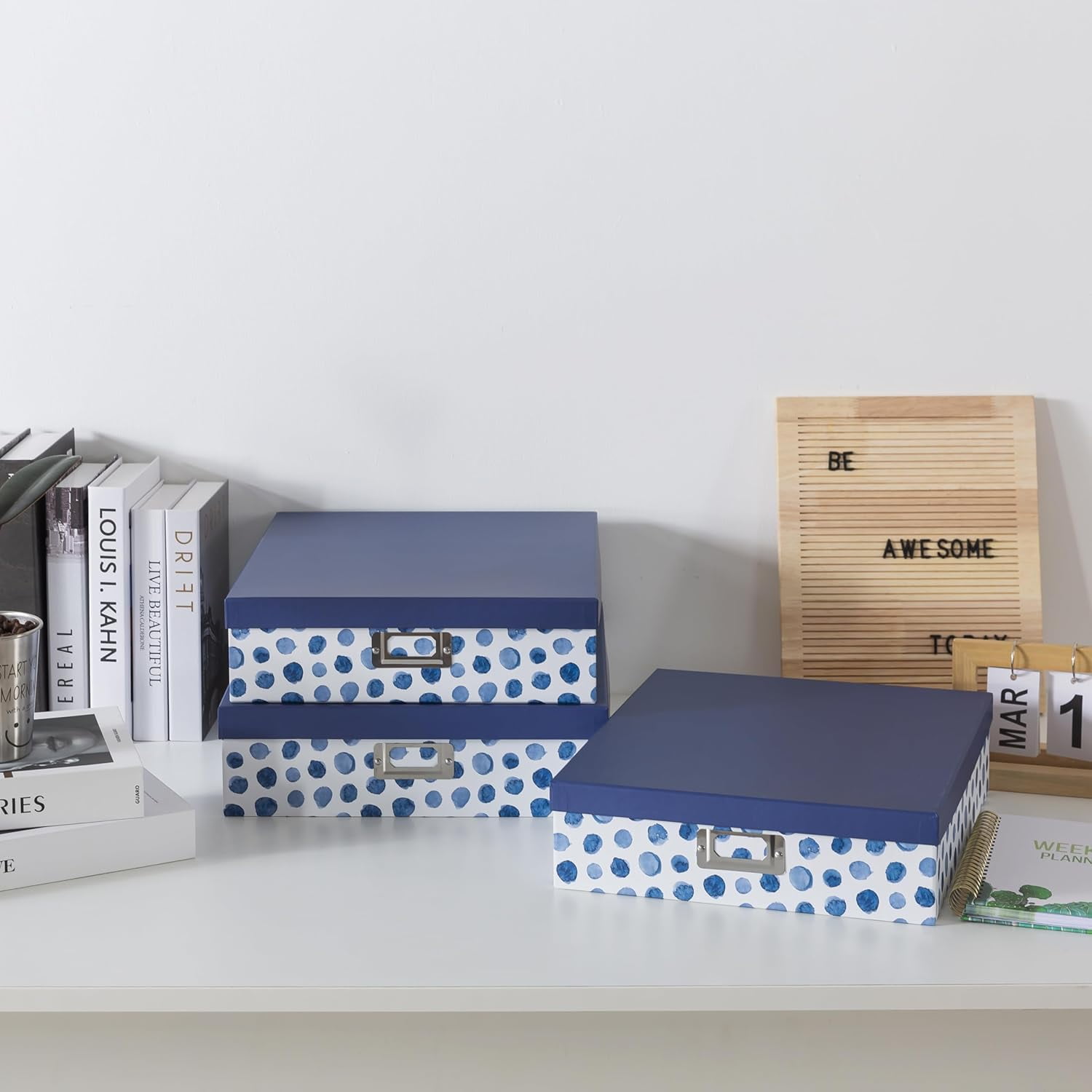 Blue Spots Decorative Storage Boxes with Lids, Set of 3 Memory Boxes for Keepsakes, Nesting Letter Cardboard Document Storage for Organizing, Photos, Scrapbook