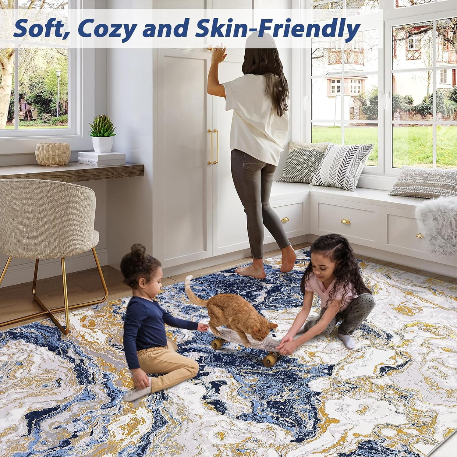 Homhougo 5x7 Washable Abstract Marble Area Rug, Soft Modern Non-Slip Luxury Carpet for Living Room, Bedroom, High Traffic Kitchen Entryway, Blue