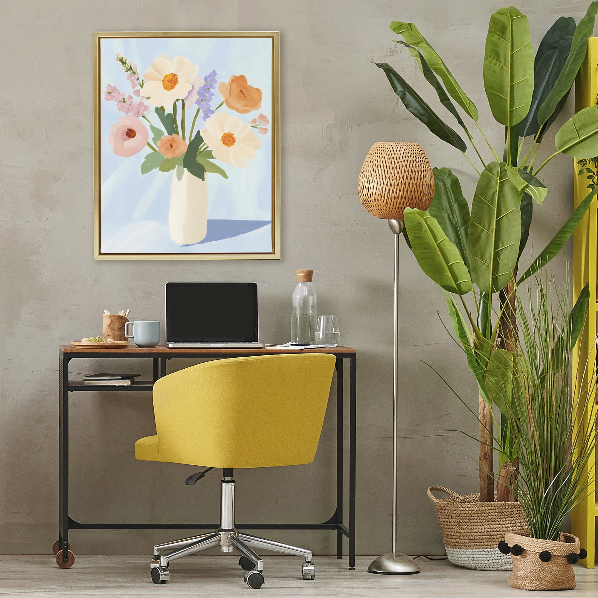 Stupell Industries Floral Bouquet in Sleek White Vase Gold Framed Floater Canvas Wall Art, design by The Prints Vibe