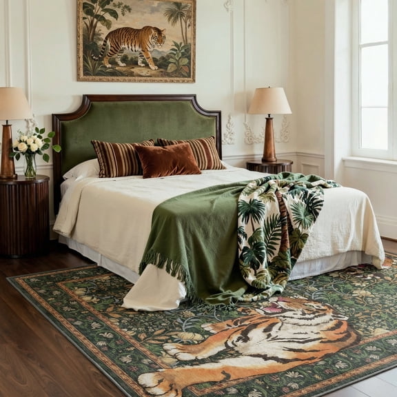 GENIMO 5'x7' Area Rug for Living Room, Machine Washable Non Slip Low Pile Rug for Bedroom Dining Room, Natural Animal Print, Forest Green