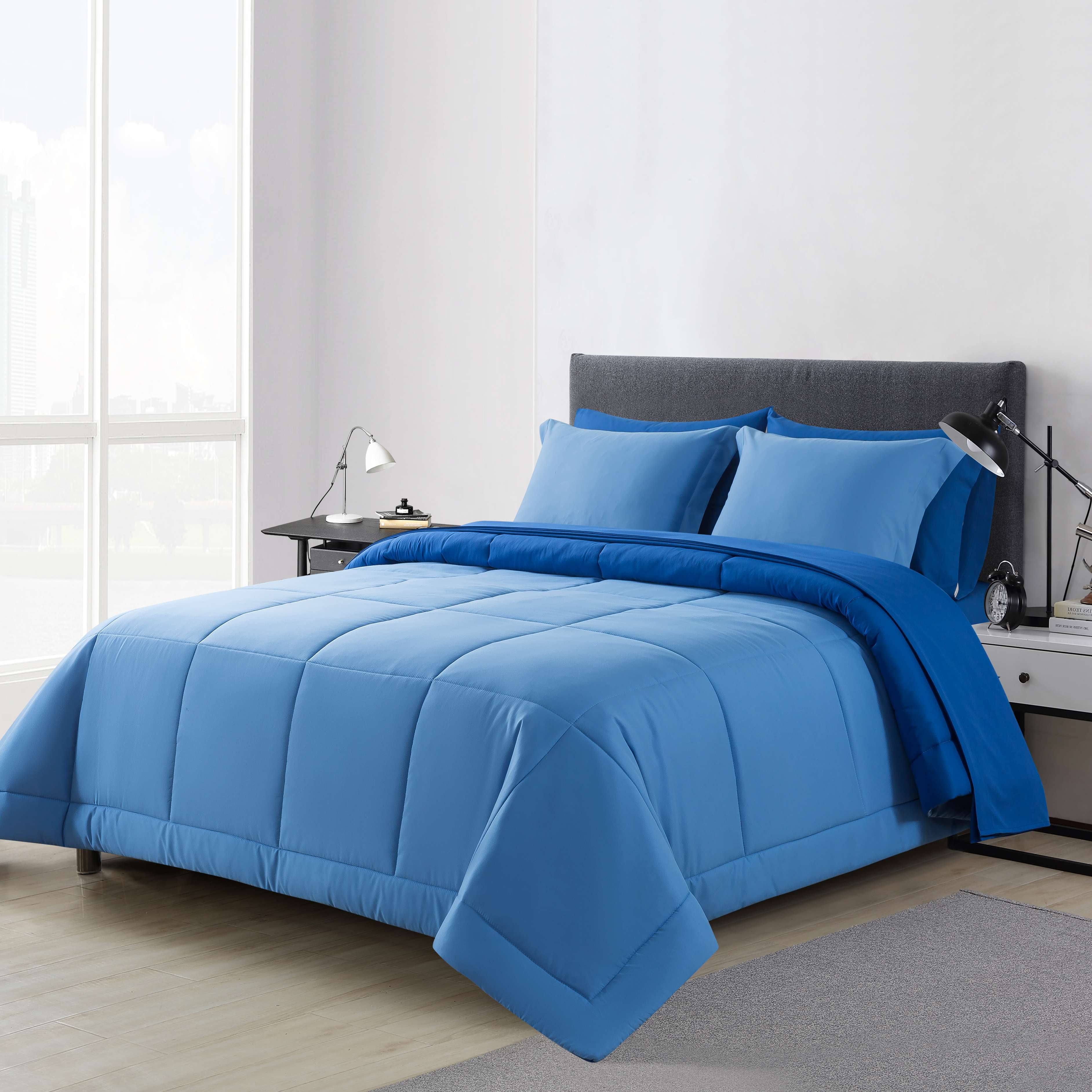 Mainstays 7-Piece Reversible Bed in a Bag with Laundry Tote, Solid Blue, King