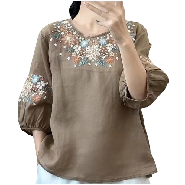 Tops de Cuello en V para las Mujeres de Moda Retro Bordado Blusa de Manga Corta, Imitación Algodón Tirar Marco para el Verano Casual Y el Uso de Vacaciones