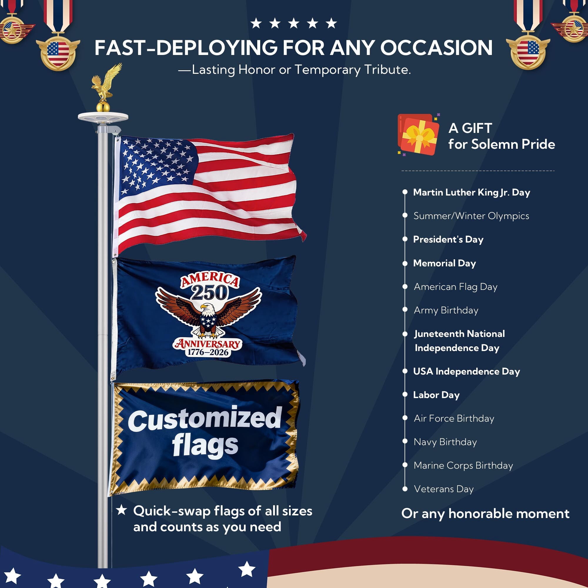 Yescom Bravery 25ft 13 Gauge Sectional Flag Pole Kit with Solar Powered Light US Flag Gold Eagle Topper