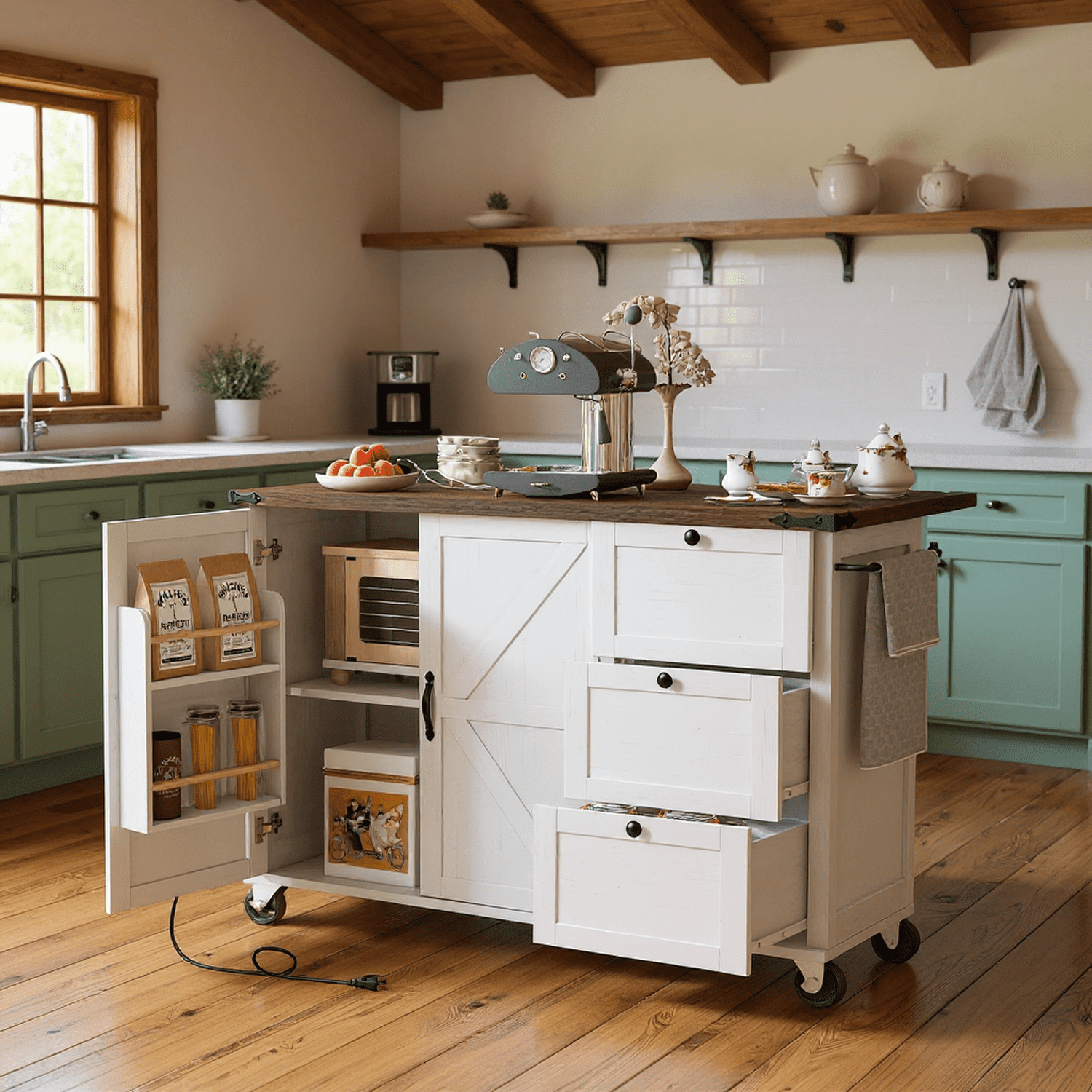 Homy Casa 54.5" Farmhouse Kitchen Island with Drop Leaf, Power Outlets, Barn Doors, 3 Drawers
