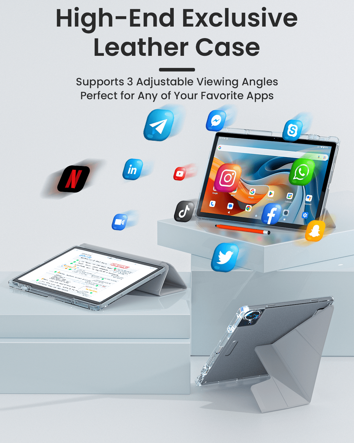 Callsky 14.1" Tablet, Android 15 Tablet, 4G LTE, 16GB RAM, 256GB, FHD+ IPS, 10000mAh, Leather Case & Stylus, Silver