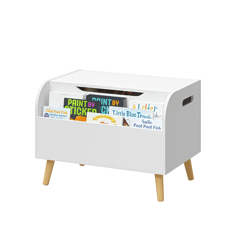 Gundir Wooden Toy Box, Kids Toy Storage Organizer with Front Bookshelf, Flip-Top Lid, Safety Hinge, Boys Girls Toy Chest Bench for Playroom Kids Room Organization, White