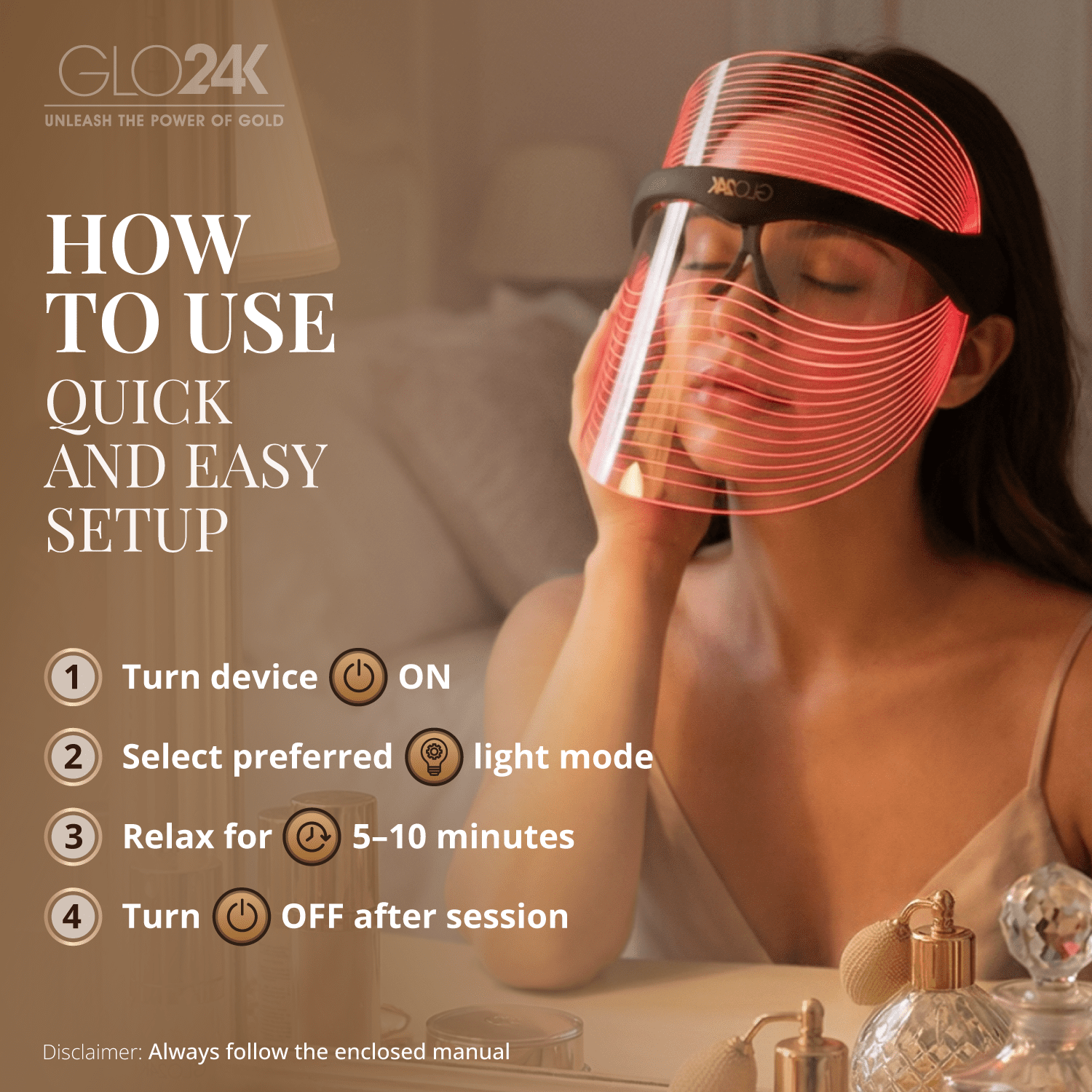 GLO24K 7 Color LED Light Therapy Face Mask, Anti-Aging Skin Rejuvenation Device for Wrinkles, Acne, Firming & Brightening, Facial Treatment Mask for Youthful Radiant Skin