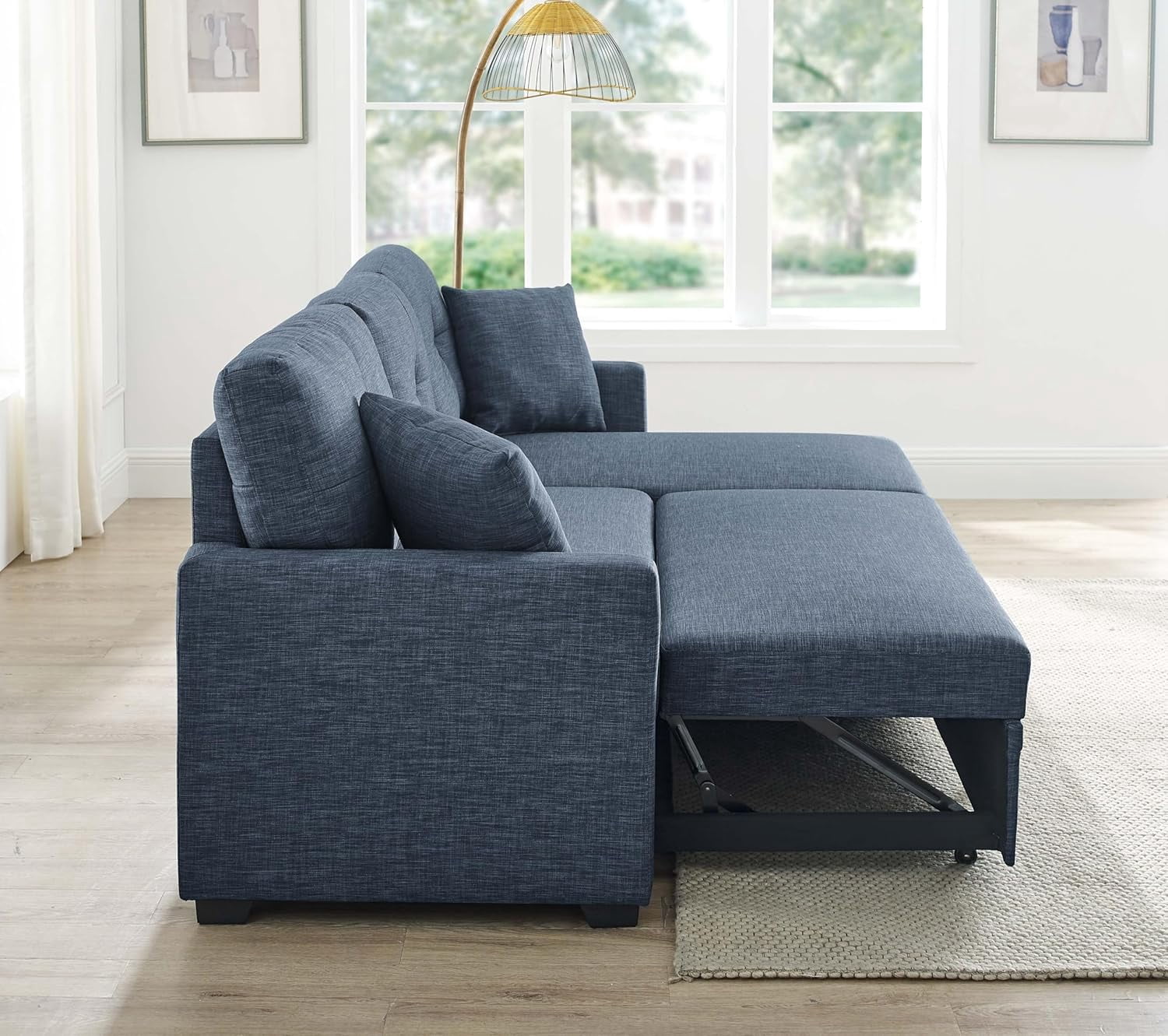 Convertible Sleeper Sofa Bed, 76.5" L Shaped Sectional Couch Pull Out Bed Reversible Storage Chaise Compact Linen Sofa Small Space Apartment Living Room,Dark Blue