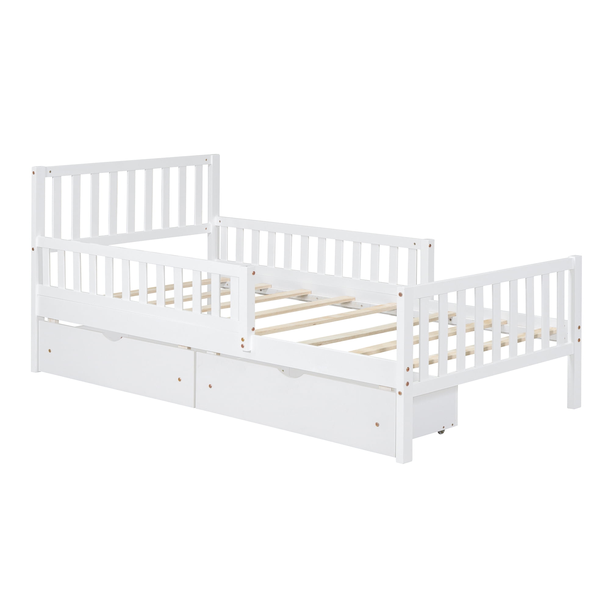 Aukfa Twin Platform Bed with Storage Drawers and Safe Rails, Wood Bed Frame, White