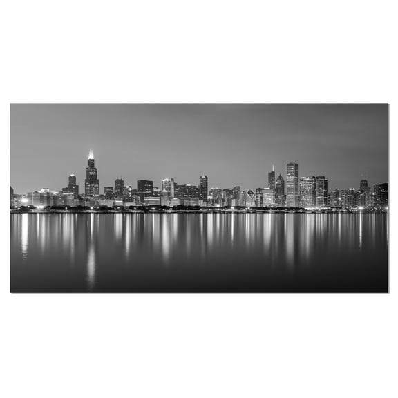 Designart 'Chicago Skyline at Night Black and White ' Cityscape Canvas Print