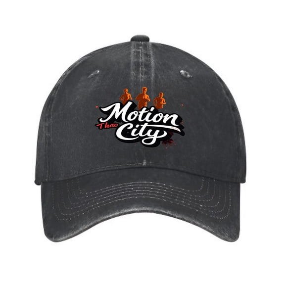 Vintage Cotton Washed Distressed Baseball Cap - Black Dad Hat with ' Motion City ' Orange Silhouettes for Men & Women