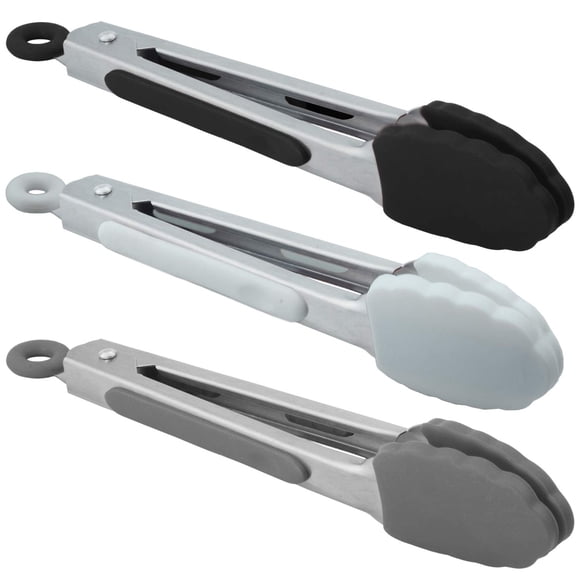 HINMAY Pinzas pequeñas de silicona de 7 pulgadas, juego de 3 mini pinzas para servir (negro, blanco y gris)