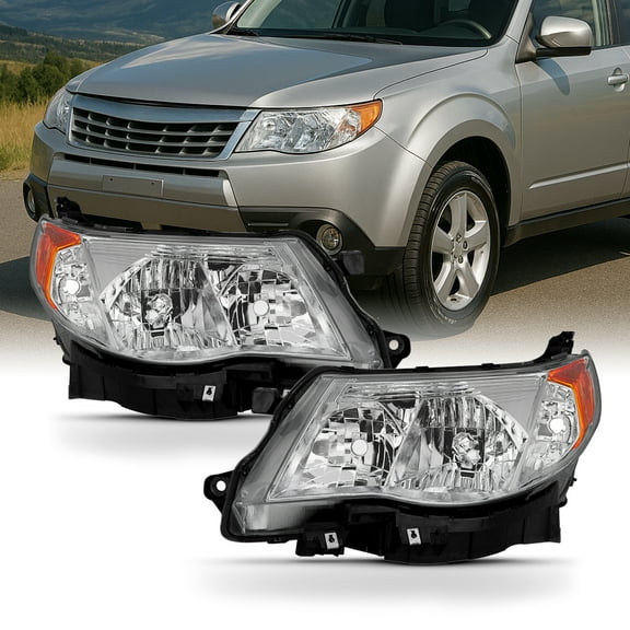 AKKON - For 2009-13 Subaru Forester Driver   Passenger Halogen Headlights Assembly Chrome Housing Clear Lens Full Set
