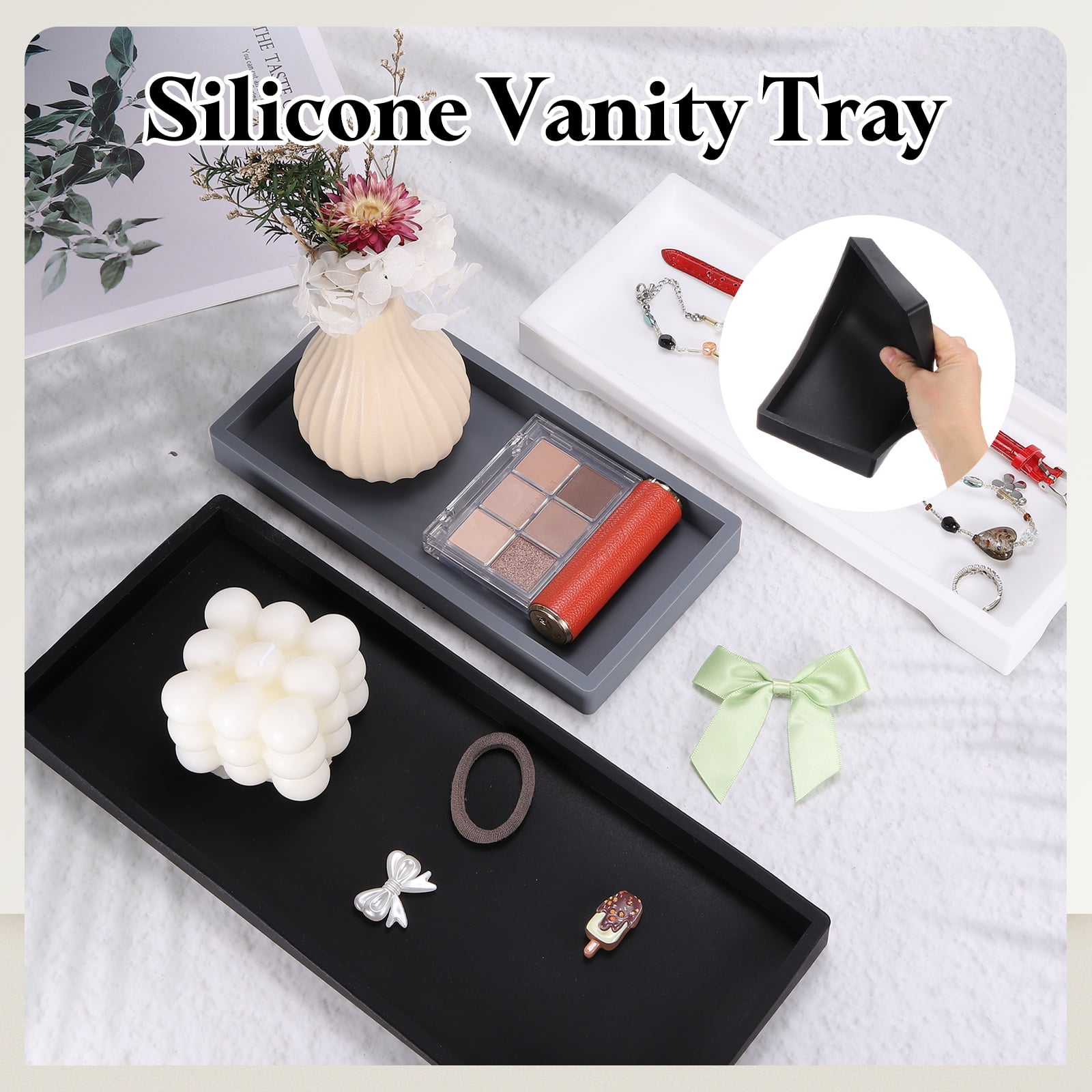 Uxcell Silicone Bathroom Tray, 10" x 4.1" Rectangular Vanity Tray for Dresser Top, Toilet, Small Tray for Soap Dispenser Lotion Bottles Perfume Jewelry Candle, White