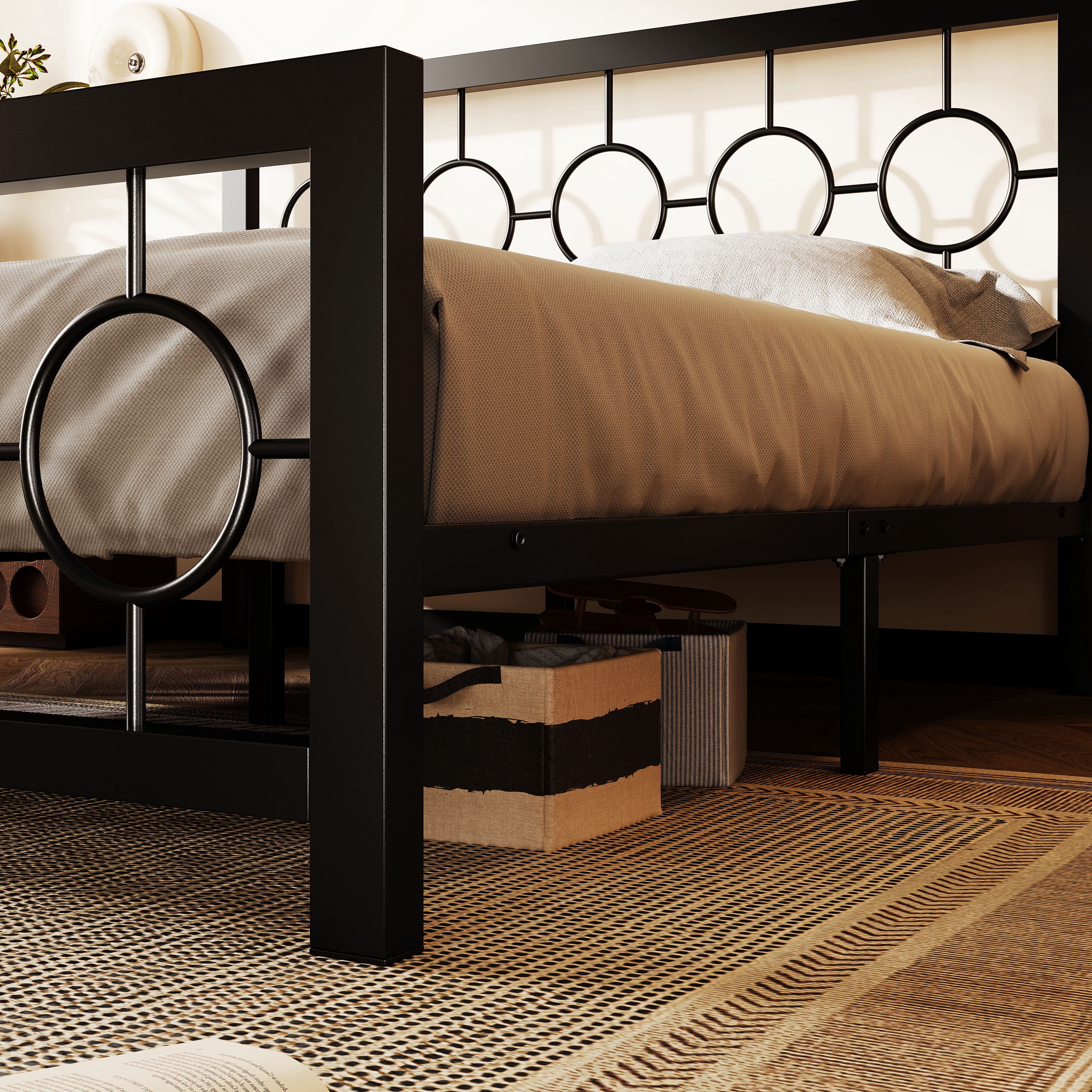 Amolife Queen Size Bed Frame, Heavy Duty Metal Platform Bed with Vintage Circular Headboard & Footboard, Black