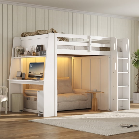 Euroco Wood Full Size Loft Bed with Desk and Wardrobe, High Loft with LED Light and USB Ports, White