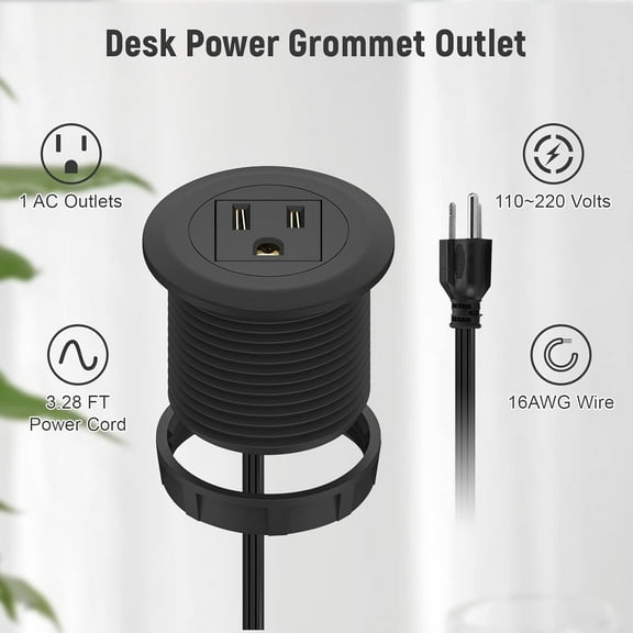 GHRTGR-2 inch Desk Power Grommet, Flush-Mount Desk Outlet Build-in 1 US Standard Outlet, Mini Desktop Power Hub Grommet Socket for Desk Nightstand Cabinet Counter, 3.28 FT Heavy Duty Power Cord