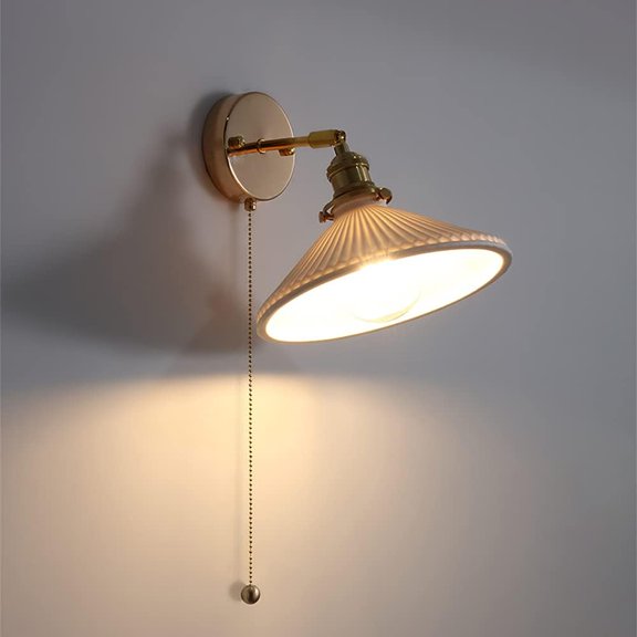 E27 Pleated Ceramics Umbrella Wall Lamp Copper Art with Pull Cord Switch Wall Light Eye Protection Soft Light Corridorlights Decoration Living Room Restaurant