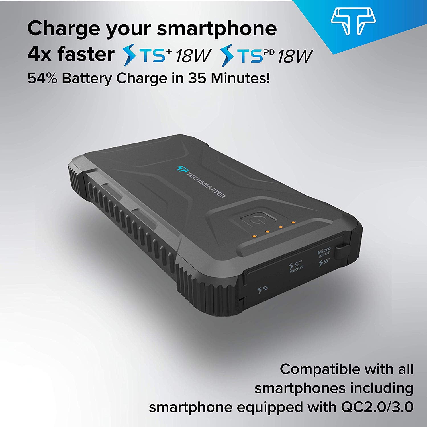 Techsmarter 20,000mah Rugged & Waterproof 18W Power Delivery USB-C Port Power Bank. Portable Phone Charger with Flashlight. Compatible with iPhone, Samsung Galaxy, iPad, Android, LG, HTC, Motorola