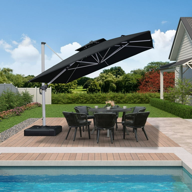 11 ft square patio umbrella 11X11 Cantilever Outdoor with Solar Lights Base Included | Modern Contemporary Solid Pattern Black Color person dining table with room to spare Kingdura 11' X 11' Cantilever