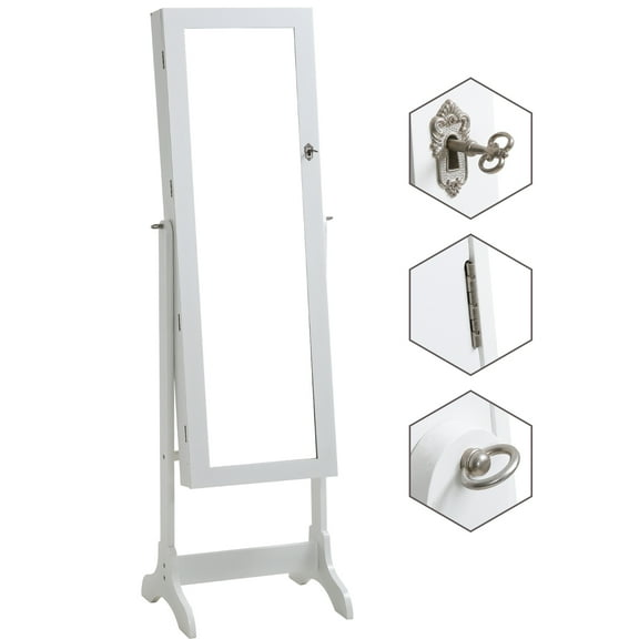 Jewelry Cabinet Standing Mounted Lockable 61" H Jewelry Armoire With 2 Drawers 6 Shelves 43.3"×10.6" Mirror High Capacity Jewelry Organizer , White