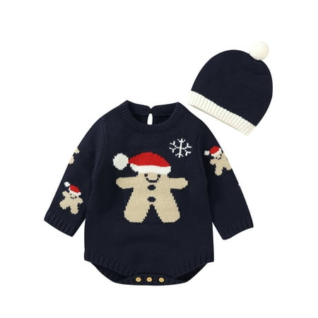 

Bagilaanoe Newborn Baby Girl Boy Christmas Outfits Knit Rompers Print Long Sleeve Bodysuit + Beanie Hat 3M 6M 12M 18M Knitwear Jumpsuit Sweater