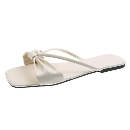 

uikmnh Women Slippers Spring And Summer Women Slippers Bow Flat Large Size Elegant Style Casual Beach Shoes Beige 9