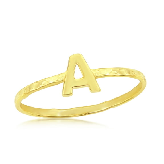 Beaux Bijoux Alphabet Letter A, B, C, D, E, G, H, J, K, L M, N, P, R, S, T Stackable Initial Hammered Band Ring 14K Gold Plated Sterling Silver Jewelry for Women or Teens (Height 6mm x 5mm Width)
