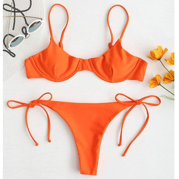 Women's Underwire Push Up Balconette Tie Side String Bikini Set Swimsuit