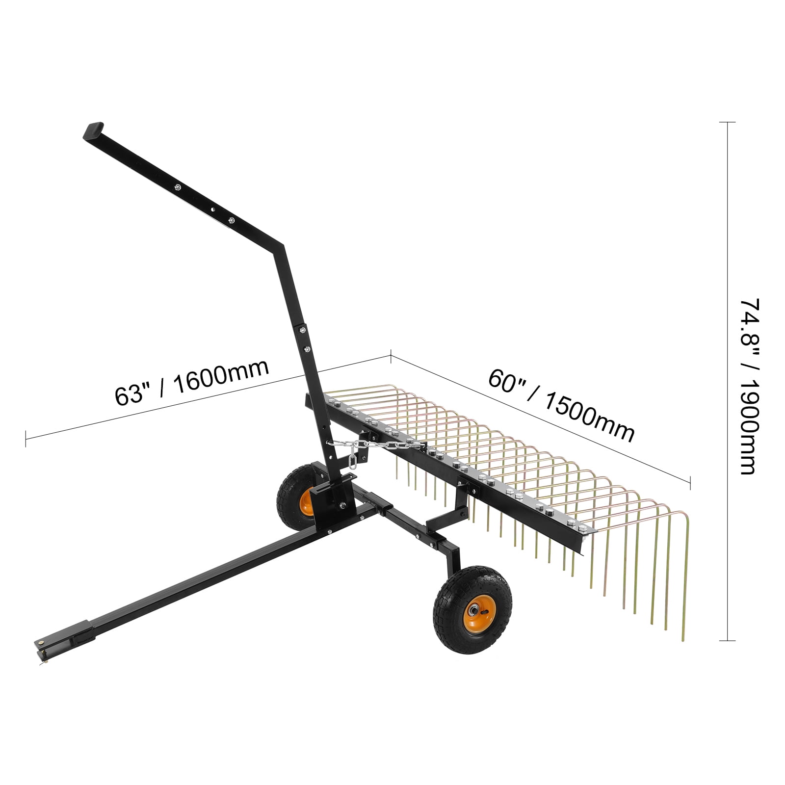 KFFKFF Tow Dethatcher, 60" Width with 24 Metal Tines, Compatible with ATV & Mower, Features Lift Handle, Ideal for Removing Leaves, Pine Needles & Grass