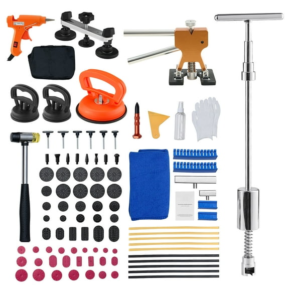 KFFKFF Dent Repair Kit, 100 PCS Paintless Dent Removal Tools with Golden Lifter, Bridge Puller, Slide Hammer T-Bar, Glue Gun, Suitable for Car, Refrigerator, and Door Ding Repairs