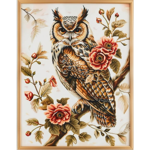 an Owl with Flowers and Leaves DIY 11CT Stamped Cross Stitch Kits for Beginners Easy Needlepoint Embroidery Counted Cross Stitch Art Craft for Wall Decoration 12x16inch(3)