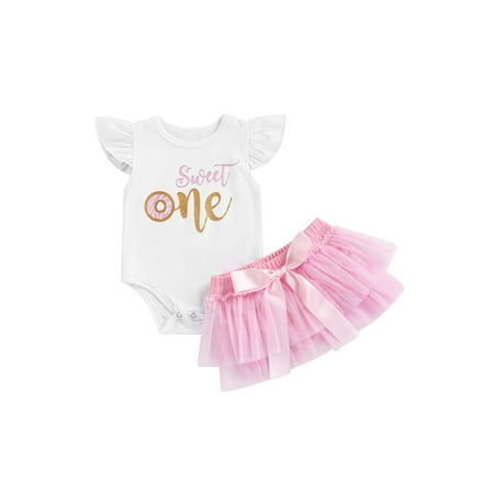 

IZhansean 2pcs Infant Baby Girls 1st Birthday Clothes One Letter Fly Sleeve Romper+Lace Tutu Skirts Sets White 3-6 Months
