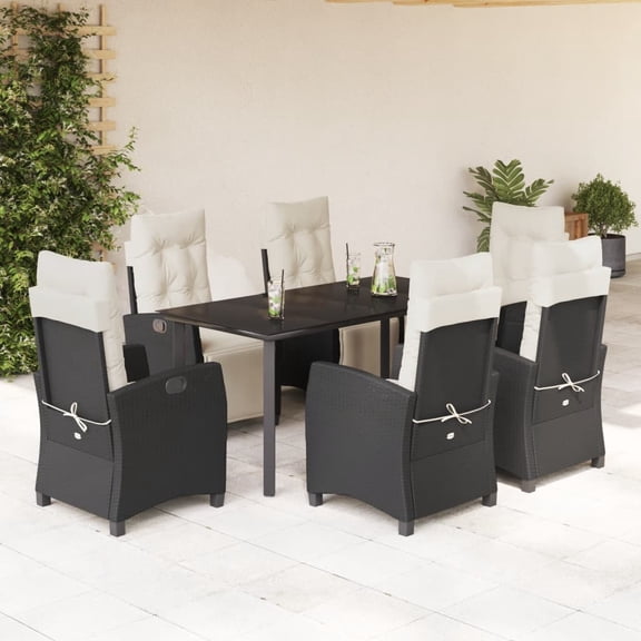 vidaXL 7 Piece Patio Dining Set with Cushions Black Poly Rattan