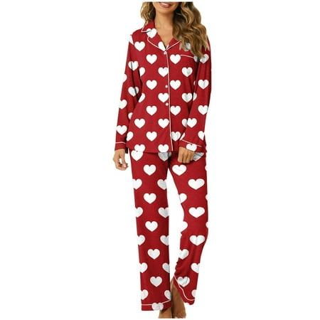 HUJlwoi Women Sleep Set for Valentine s Day Heart Graphic Printed Trendy Lounge Shirts and Pants Casual Long Sleeve Pocket Pajama Suit