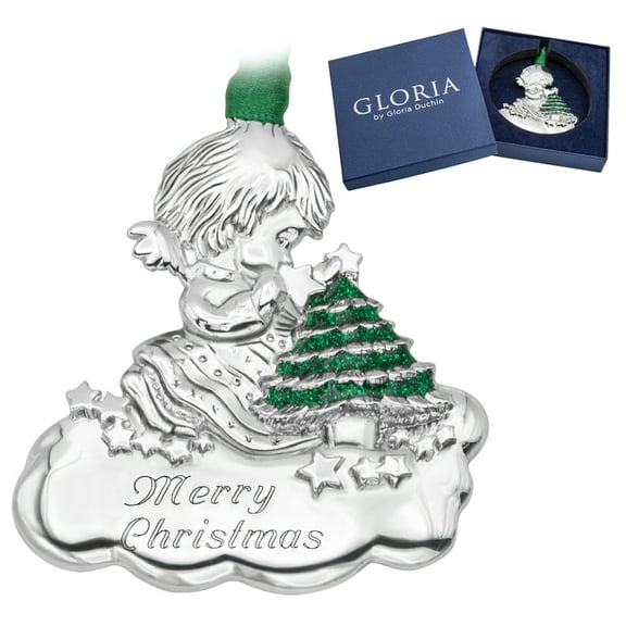 Modern Minimalist Cherub on Cloud Sterling Silver Metal Tree Ornament Reads "Merry Christmas"