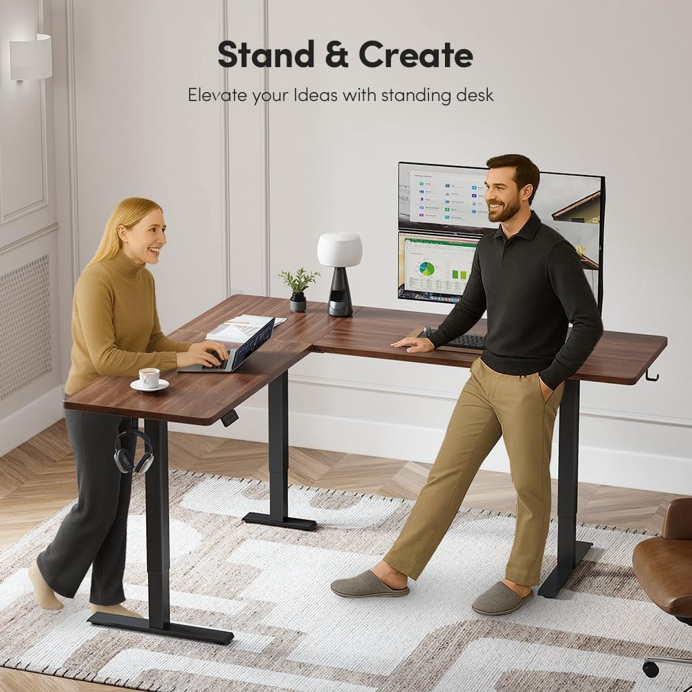 DESINO Standing Desk, 75” Adjustable L Shaped Standing Desk, Electric Height Adjustable Computer Desk, Black Walnat