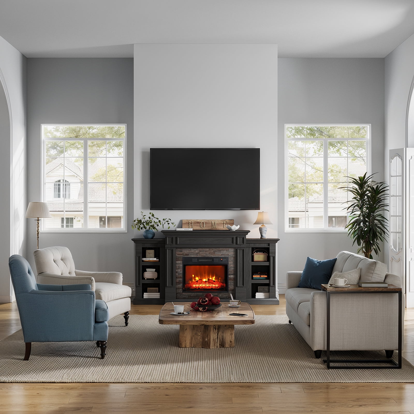 72" Fireplace Mantel with 23" Electric Fireplace and Bookshelves, Wooden Storage Freestanding Heater with Remote Control,Black