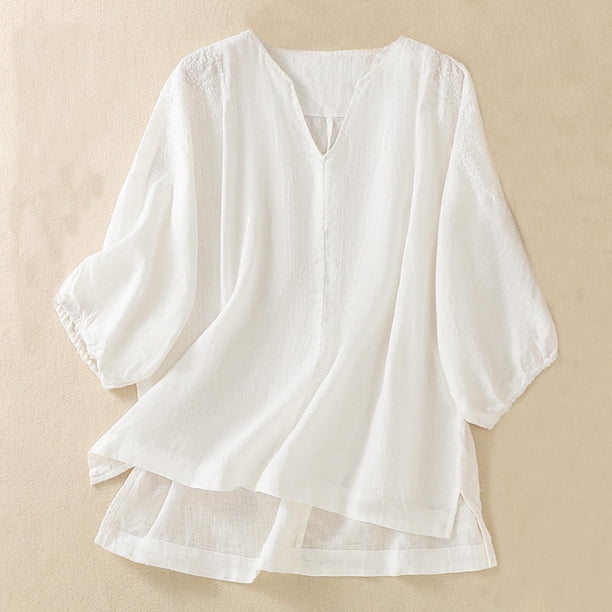Fiudx Ofertas Flash Del Día Solo En Línea Casual Mujer Cuello Redondo Verano Color Sólido Retro Regular Mujer Manga Larga