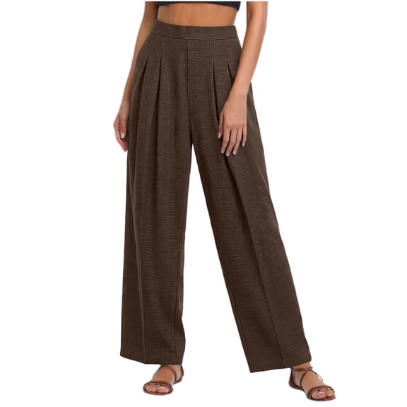 Vivianyo HD Women's Front Pleat Woven Bottoms, Straight Leg Office Casual Trousers with Side Pockets for Women, Women's Coffee, Sizes S-2XL