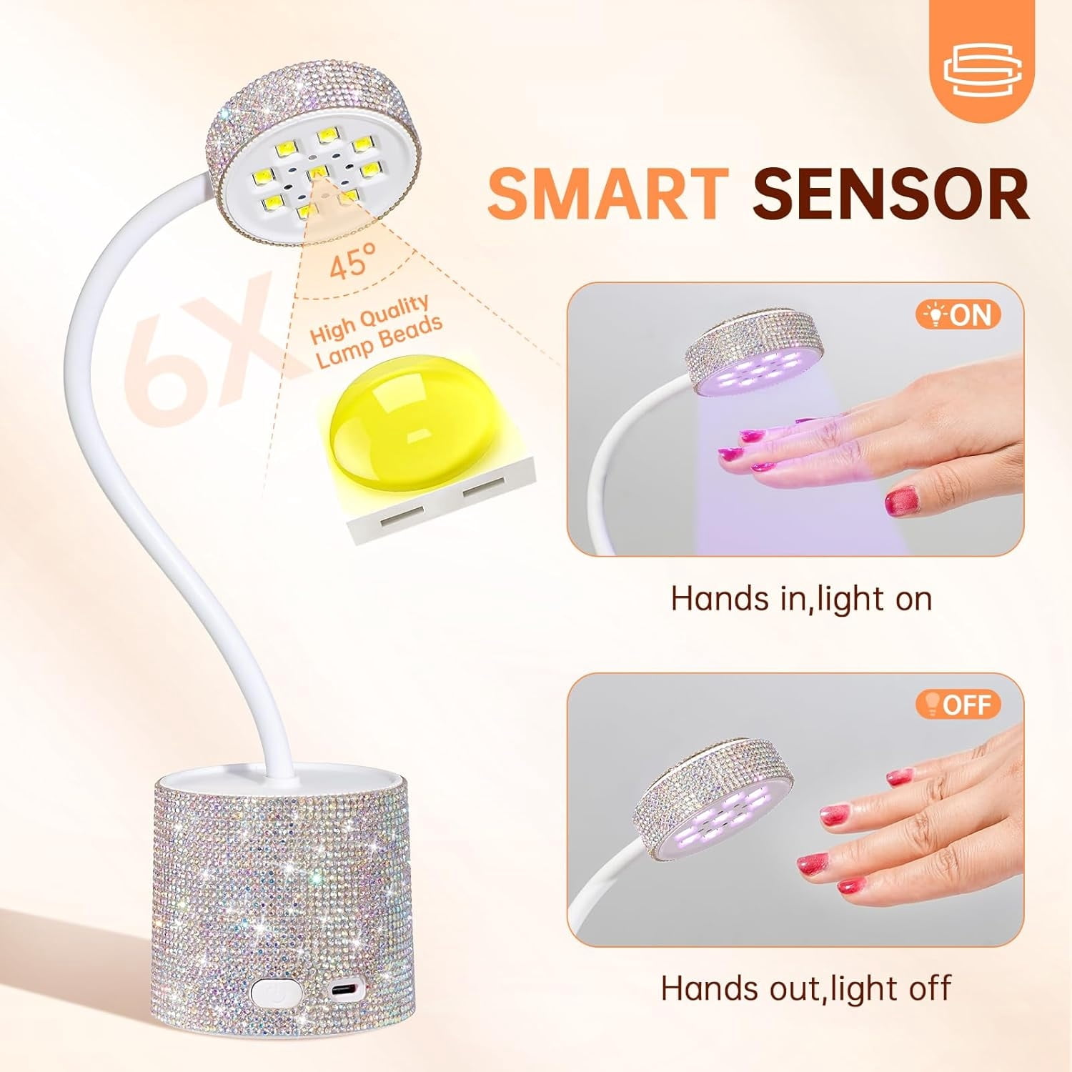 UV LED Nail Lamp, Mini UV Light for Gel Nails Polish, Rechargeable LED Flash Cure Nail Dryer, Quick Drying Goosenecks UV Nail Lamp for Home Nail Salon DIY Manicure, AB Diamond,Silver Sticky Diamond,A