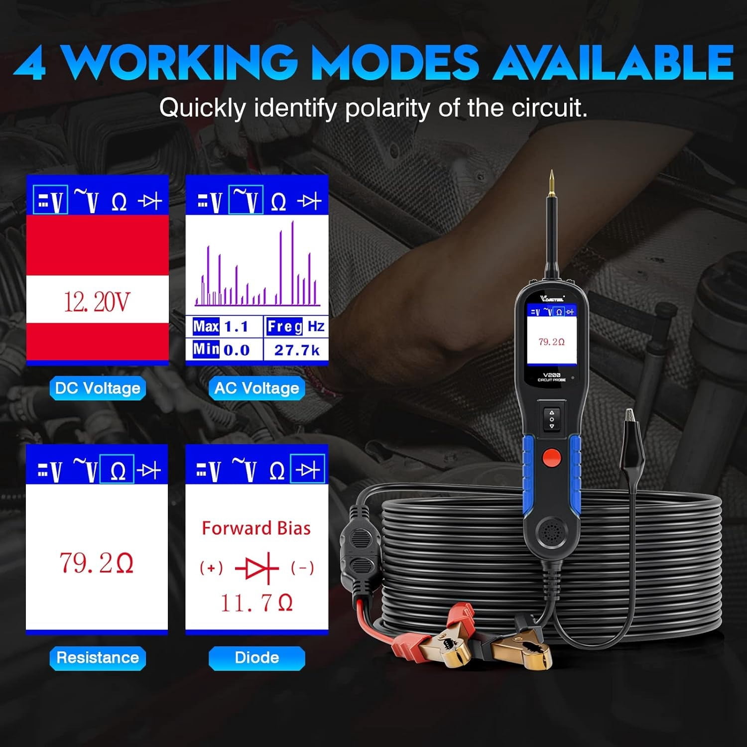 VDIAGTOOL Automotive Power Probe Circuit Tester, 12V/24V Fuse Tester Kit, Electrical Relay Tester Diagnostic Tool with AC/DC Voltage, Resistance, Diode Test, 20+20Ft Cable Blue