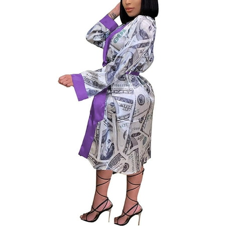 

Women s V-Neck Dollar Print Silk Satin Kimono Robes Sleepwear with Belt
