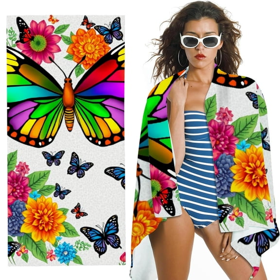 RKSupls Colorful Butterfly Floral Microfiber Beach Towel, Extra Large Quick Dry Lightweight Towel for Travel Swimming Camping, Soft Super Absorbent- 30x60 in