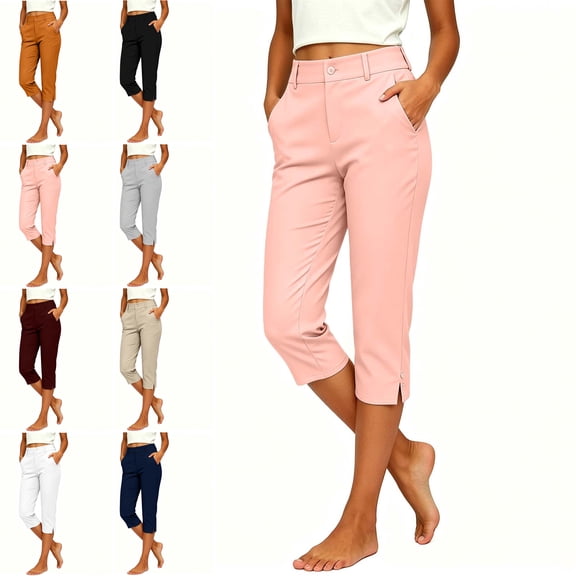 MLCDZ Capri Pants for Women Side Slits Elastic Waist Summer Lightweight Loose Vacation Golf Capris with Pockets Pull On Stretch Work Casual Dressy Slacks