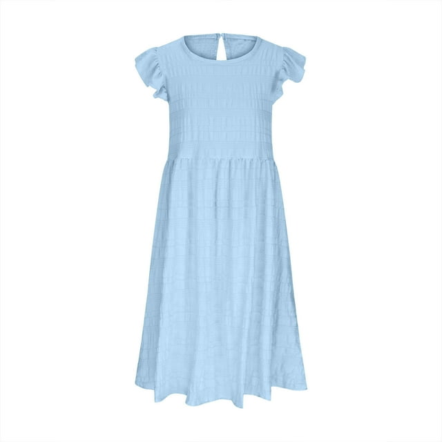 Robes Fille Enfant Manches à Volants Robe Évasée à Volants Robes d'Été Bleu Ciel Robes pour Filles Robe de Fête de Thé