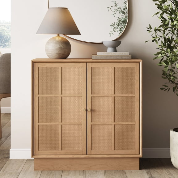 Nathan James Elise Modern Coastal Storage Cabinet, Oak TV Cabinet Stand or Rattan Storage Cabinet with Doors and Brass Door Handles, Raw Oak