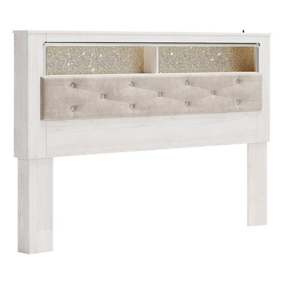 Bowery Hill Fabric King Panel Bookcase Headboard in White/Gray