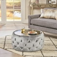 thumbnail image 3 of SSLine 30" Round Ottoman Coffee Table,Drum-Shape Coffee Table with Tempered Glass Top Modern Upholstered Tufted Velvet Ottoman Cocktal Center Table for Living Room, Fully Assembled (Grey), 3 of 8