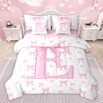 jejeloiu Chic Bowtie Ribbon 7-Piece Twin Bedding Sets,Pink Bow Knot Bedding Comforter Set,First Letter E Sheet Sets For Girls,Super Cozy Room Decor Reversible